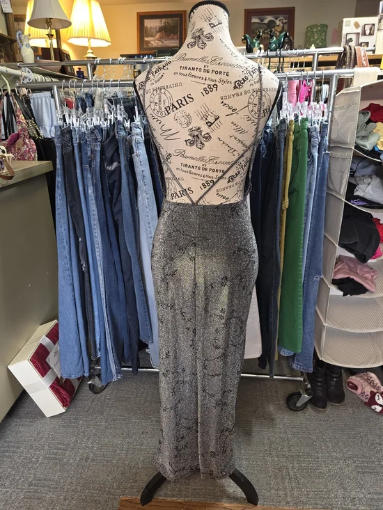 Vintage Y2K Rocket Candy Silver Sparkle Slip Prom Dress Black Floral Pattern - Picture 7 of 11